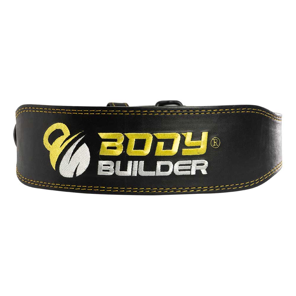 Leather Body Builder Belt with Back Support, L, Black & Yellow - Body Builder