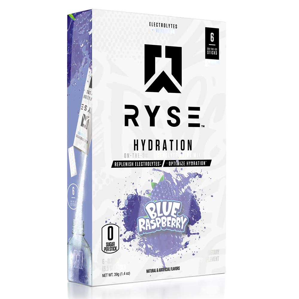 RYSE Electrolytes Hydration Sticks, Blue Raspberry, 6 Sticks - RYSE